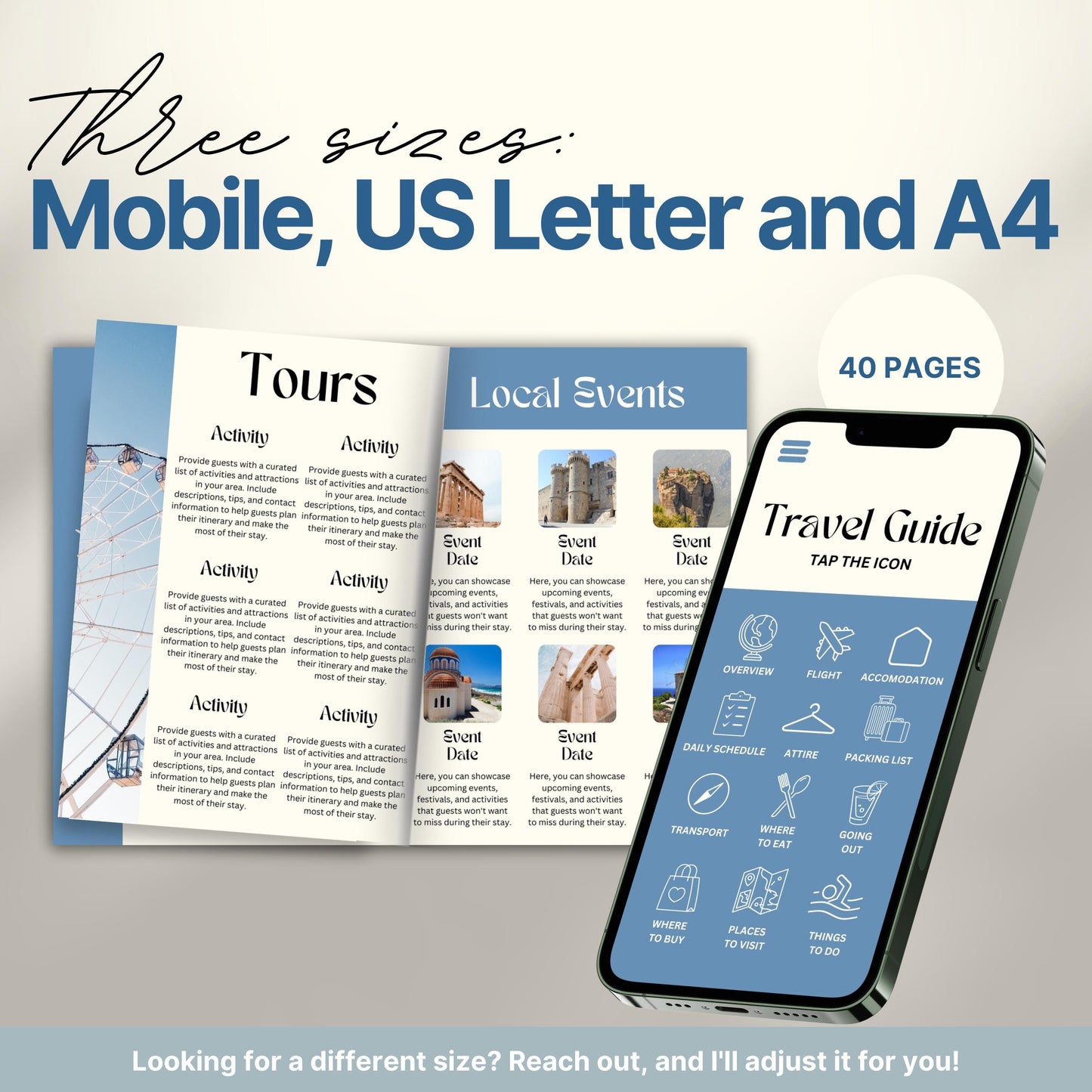 A promotional image for a travel itinerary template available in three sizes: Mobile, US Letter, and A4. 