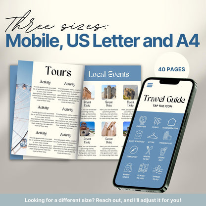 A promotional image for a travel itinerary template available in three sizes: Mobile, US Letter, and A4. 