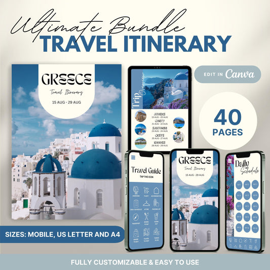 A promotional graphic showcasing a travel itinerary bundle, featuring digital and printable versions.