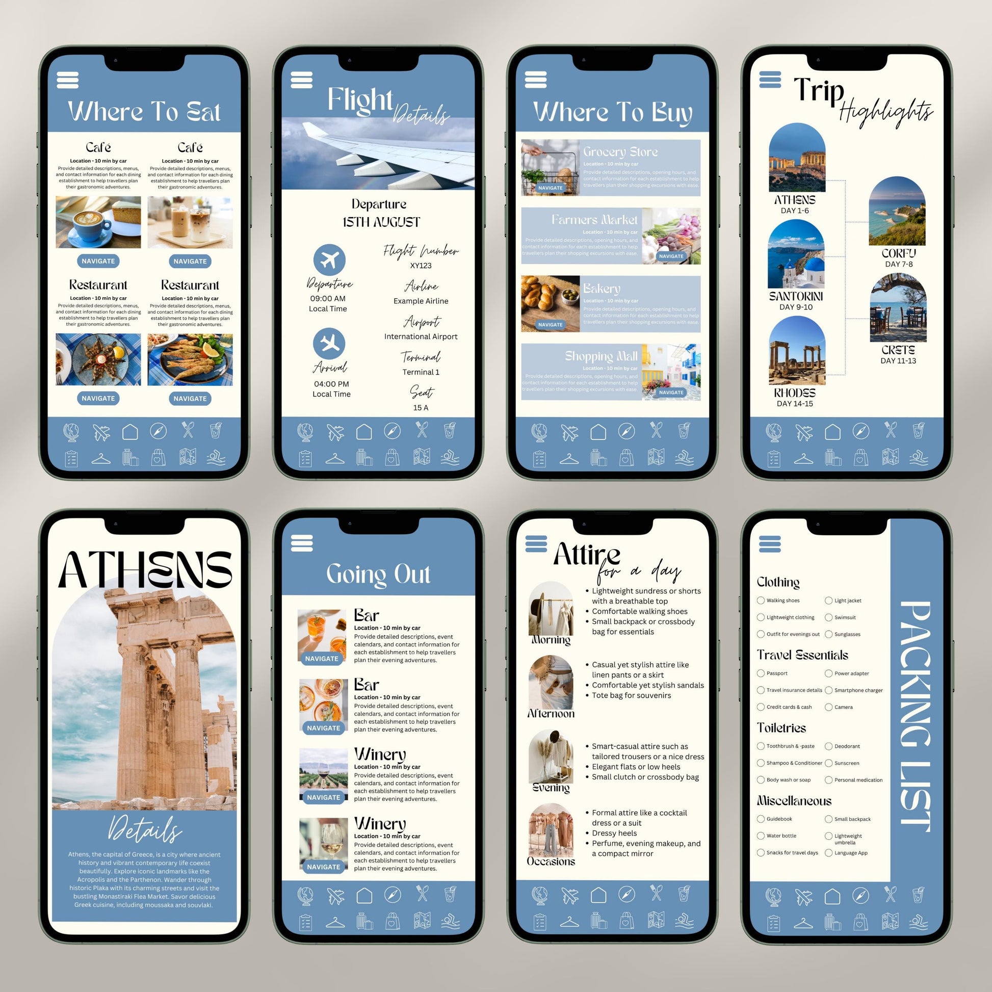 A collage of eight smartphone screens showcases a digital travel itinerary interface. Each screen displays different sections.
