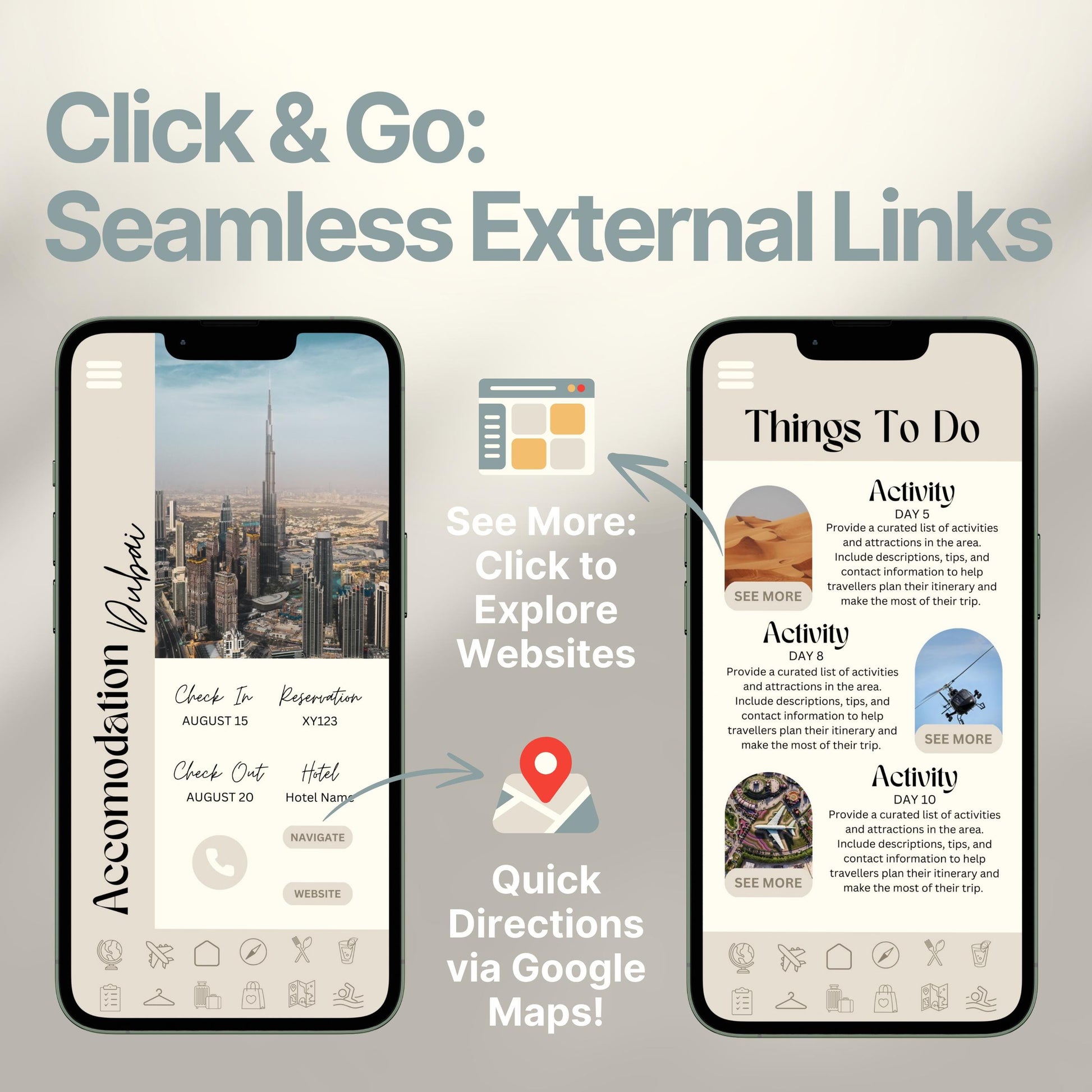 Two smartphones display an interactive digital travel guide interface. Text highlights features like “Quick Directions via Google Maps!” and “Click to Explore Websites,” emphasizing seamless external link integration for an app-like travel experience.