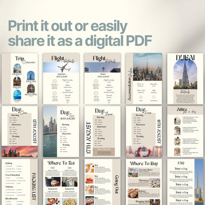 A preview layout showing multiple pages from a travel itinerary template. The design is modern, organized, and visually rich with photos of destinations, local cuisine, and cultural icons.