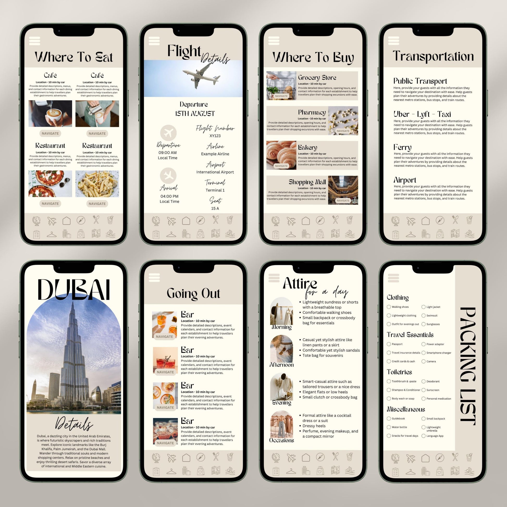 A collage of eight smartphone screens showcases a digital travel itinerary interface. Each screen displays different sections.