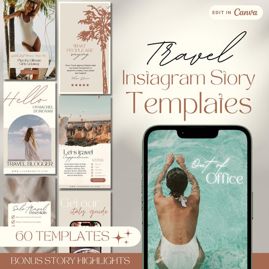 Promotional image showcasing a collection of 60 editable travel-themed Instagram Story templates available in Canva.