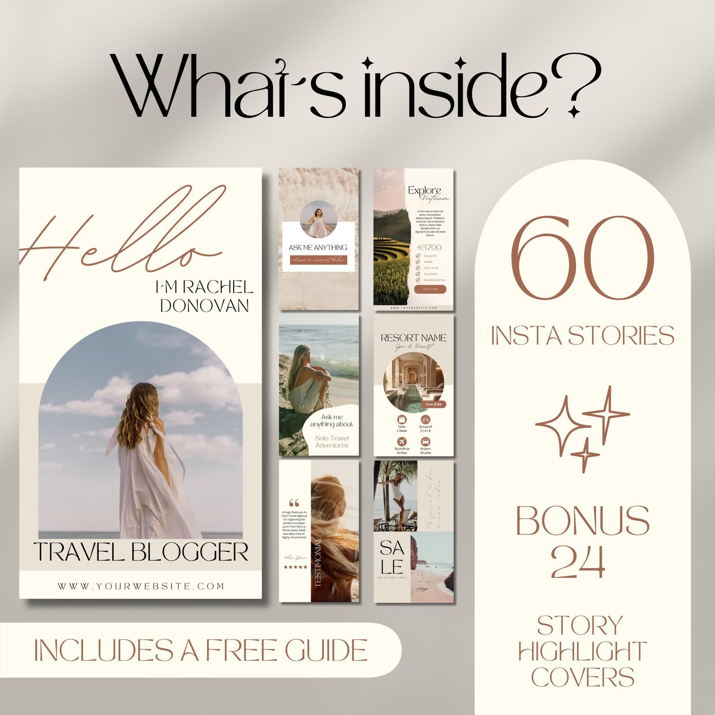 Promotional image showcasing a travel-themed Instagram Story bundle. At the top, large text reads, “What’s inside?” followed by “60 Insta Stories” and “Bonus 24 Story Highlight Covers” on the right side.