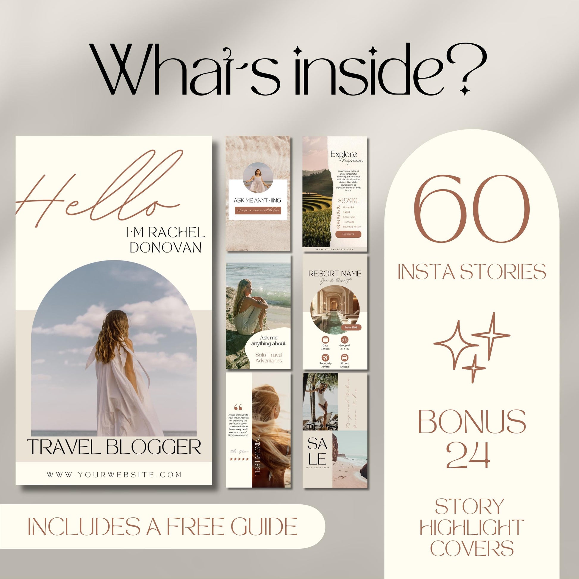 Promotional image showcasing a travel-themed Instagram Story bundle. At the top, large text reads, “What’s inside?” followed by “60 Insta Stories” and “Bonus 24 Story Highlight Covers” on the right side.