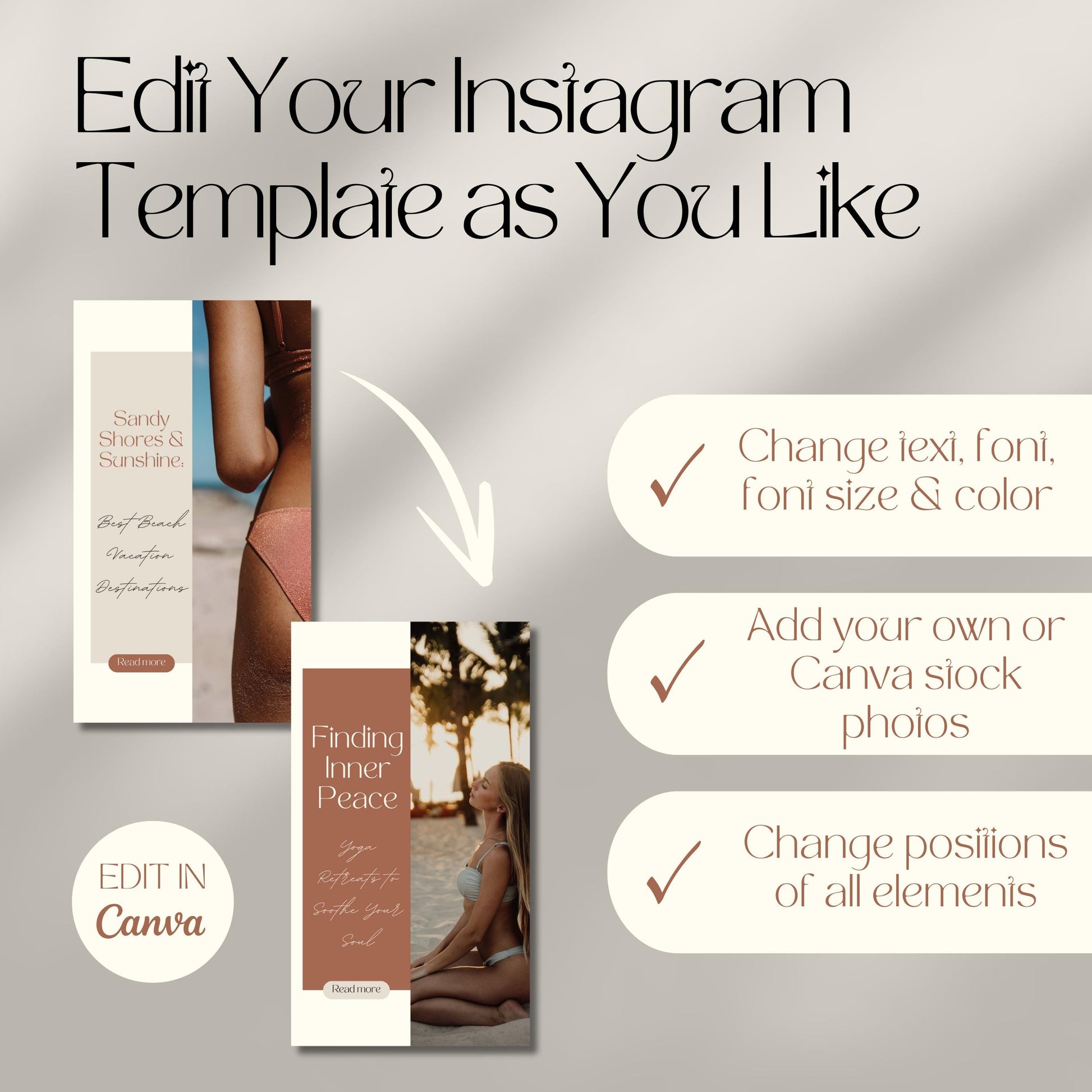 A promotional graphic showing customizable Instagram story templates. The top of the image reads, "Edit Your Instagram Template as You Like."