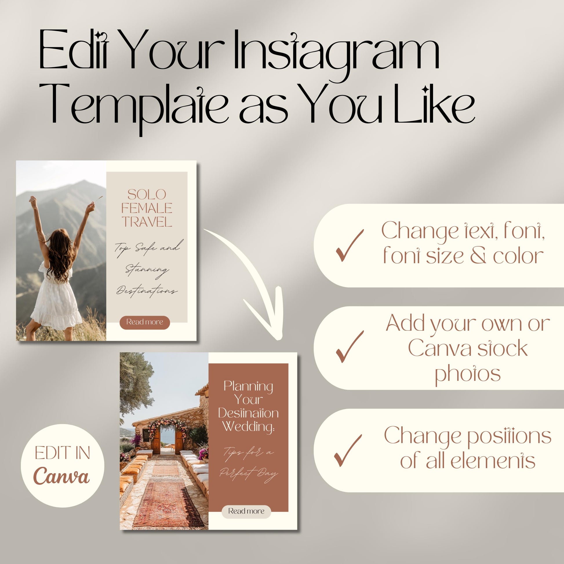 A promotional graphic showing customizable Instagram post templates. The top of the image reads, "Edit Your Instagram Template as You Like."