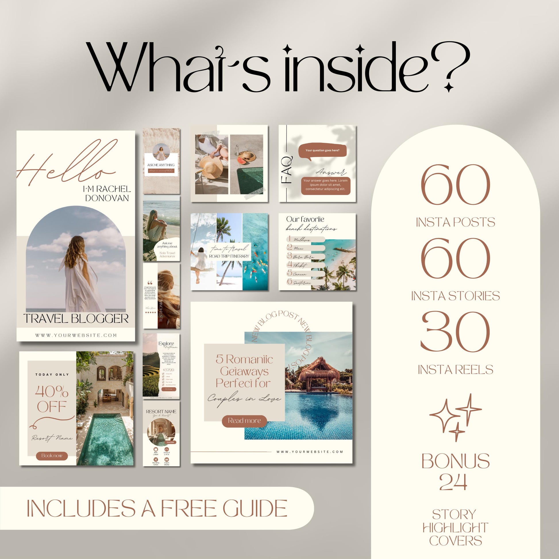 A beige-toned promotional graphic showing the contents of a travel-themed Instagram content bundle. Text on the right side reads: “What’s Inside? 60 Insta Posts, 60 Insta Stories, 30 Insta Reels. Bonus: 24 Story Highlight Covers.”