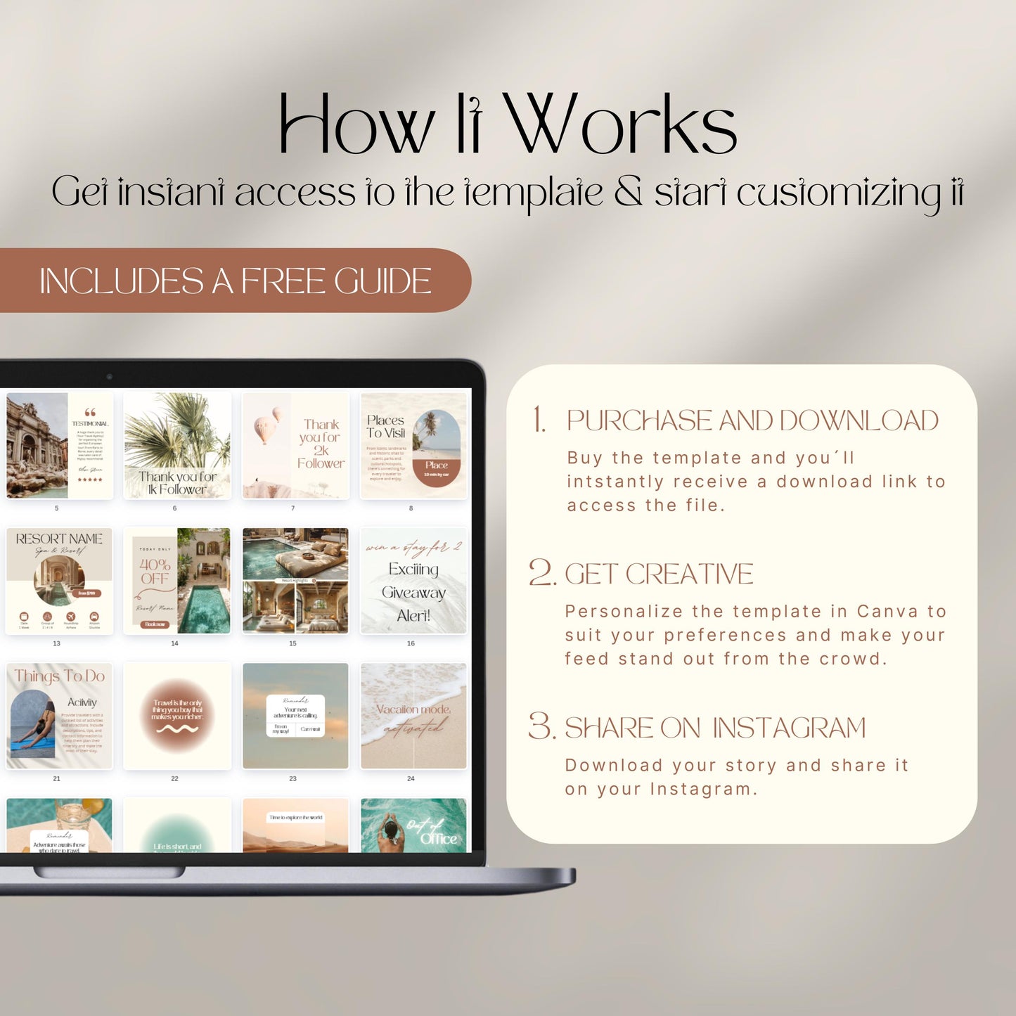 Instructional graphic titled “How It Works” showing a 3-step guide to using a Canva Instagram template. The steps are: (1) Purchase and Download, (2) Get Creative, and (3) Share on Instagram. A laptop screen displays example Instagram post templates with earthy tones and elegant travel-themed designs. A banner highlights that a free guide is included.