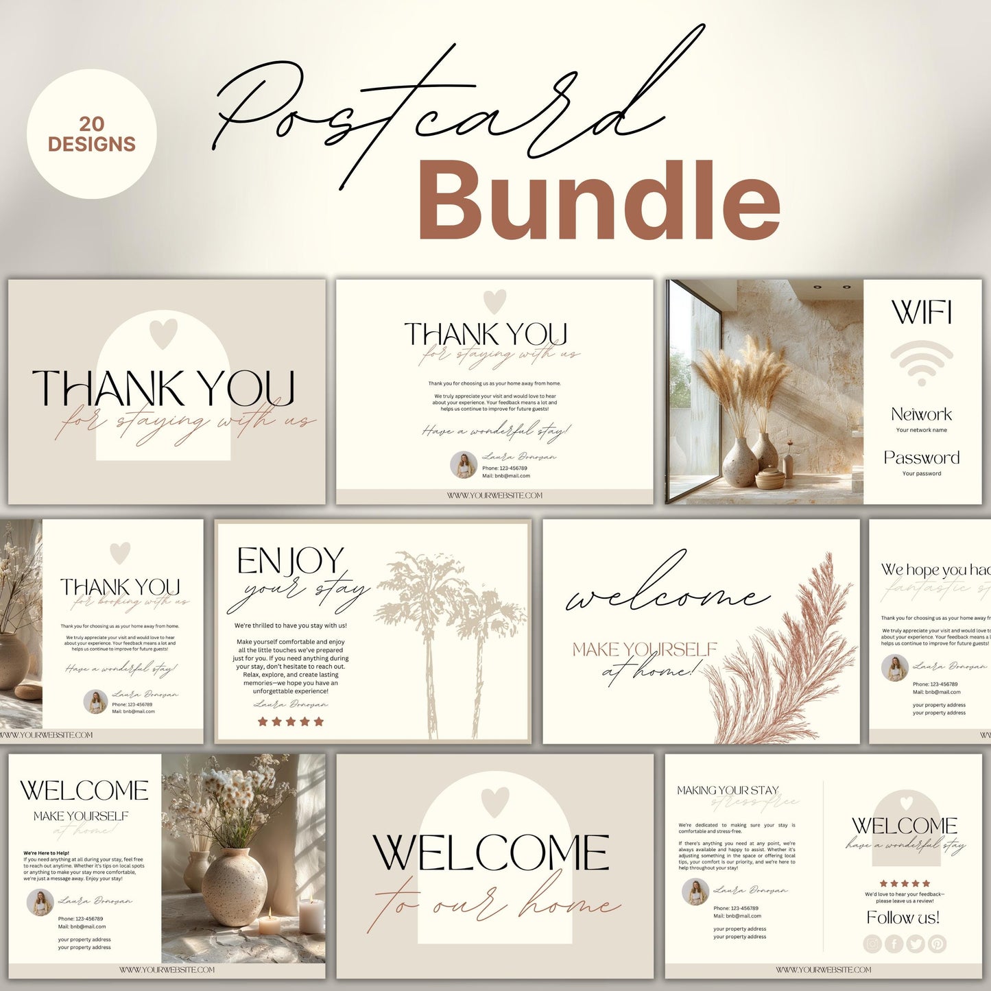Collection of 20 neutral-toned Airbnb cards, including welcome, thank you, and WiFi cards, featuring modern typography, soft illustrations, and customizable layouts for short-term rental hosts.
