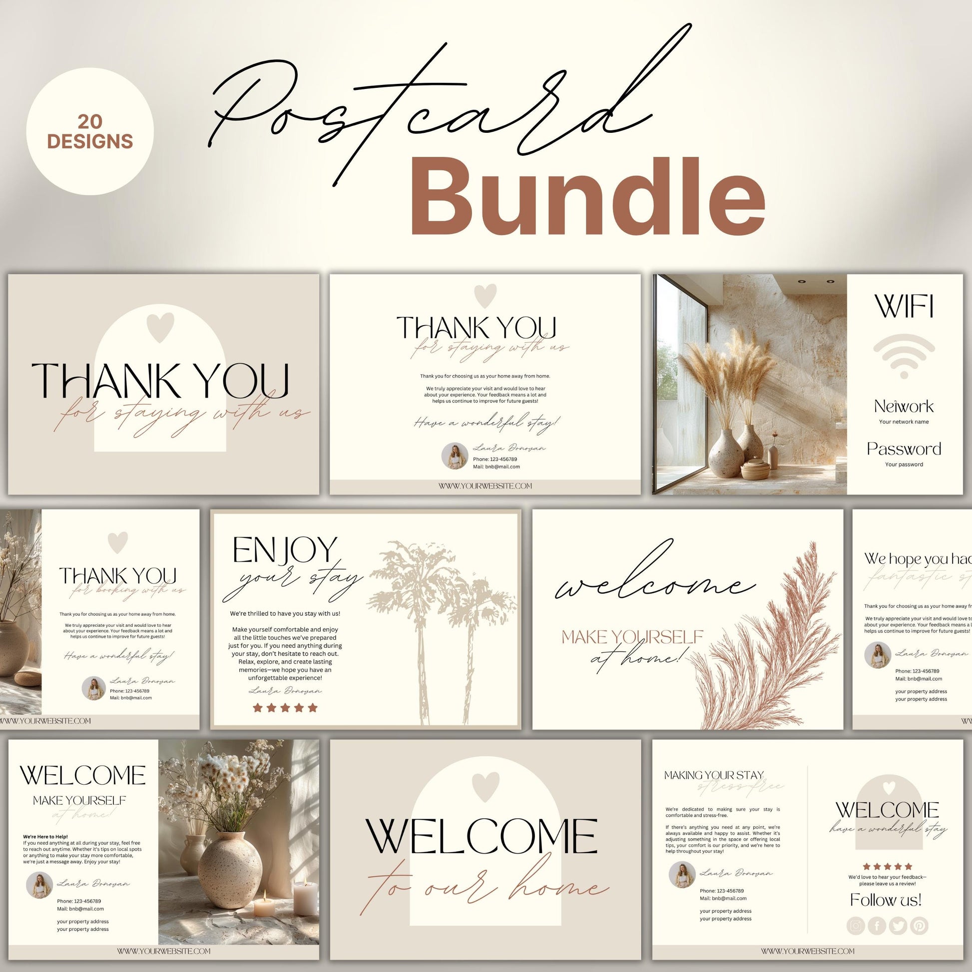 Collection of 20 neutral-toned Airbnb cards, including welcome, thank you, and WiFi cards, featuring modern typography, soft illustrations, and customizable layouts for short-term rental hosts.