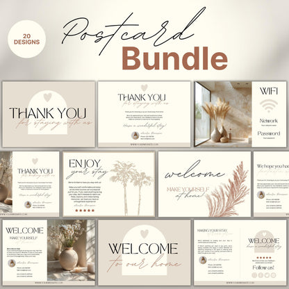Collection of 20 neutral-toned Airbnb cards, including welcome, thank you, and WiFi cards, featuring modern typography, soft illustrations, and customizable layouts for short-term rental hosts.