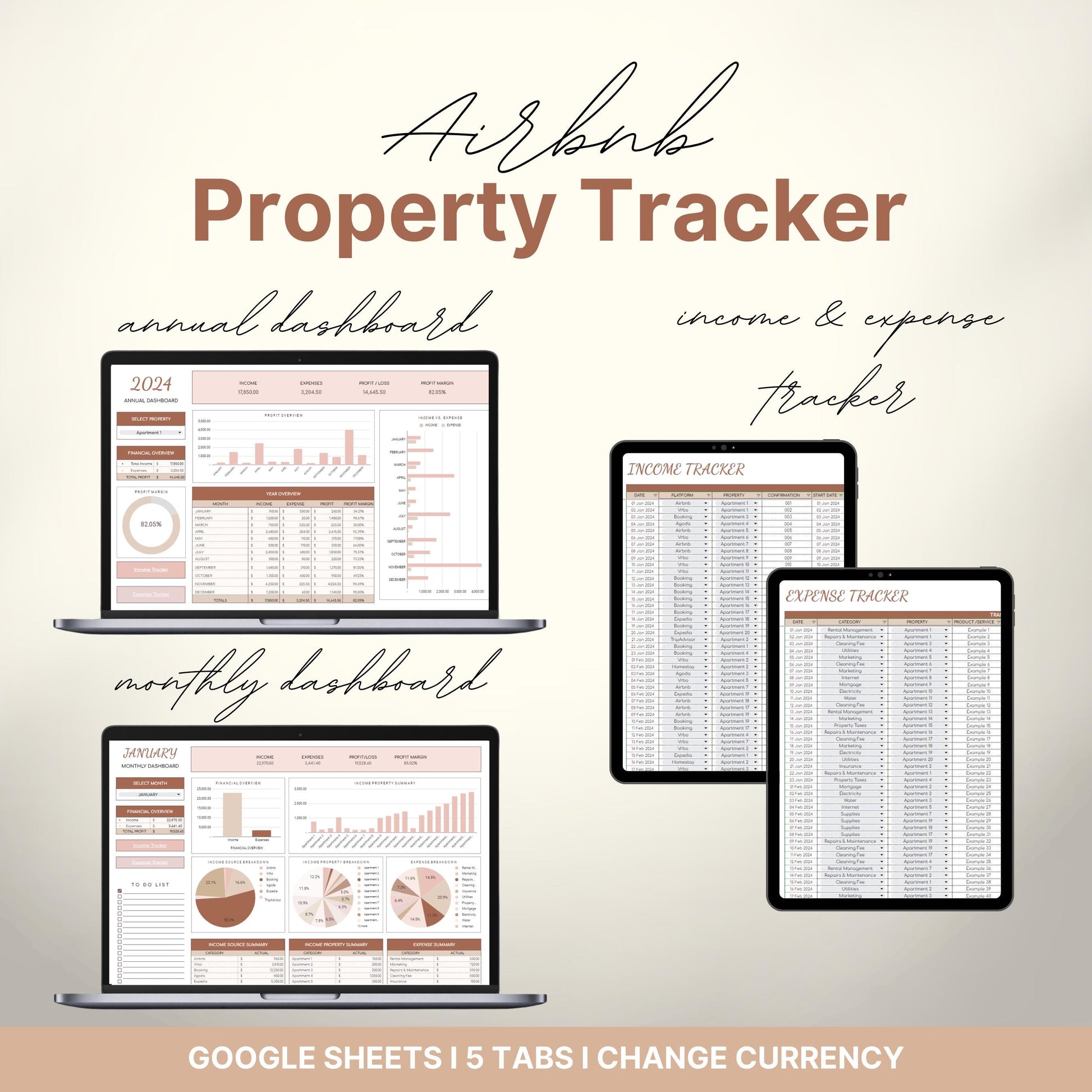 Overview of a airbnb host bundle showing an airbnb property tracker for google sheets.