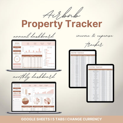 Overview of a airbnb host bundle showing an airbnb property tracker for google sheets.