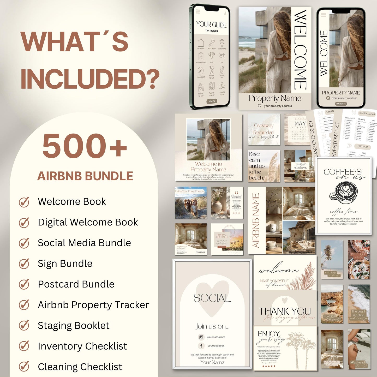 Overview image of a 500+ piece Airbnb Host Bundle in a soft theme, showcasing digital and printed welcome books, social media templates, property signs, postcards, checklists, and guest guides designed for Airbnb hosts to enhance guest experience and streamline hosting.