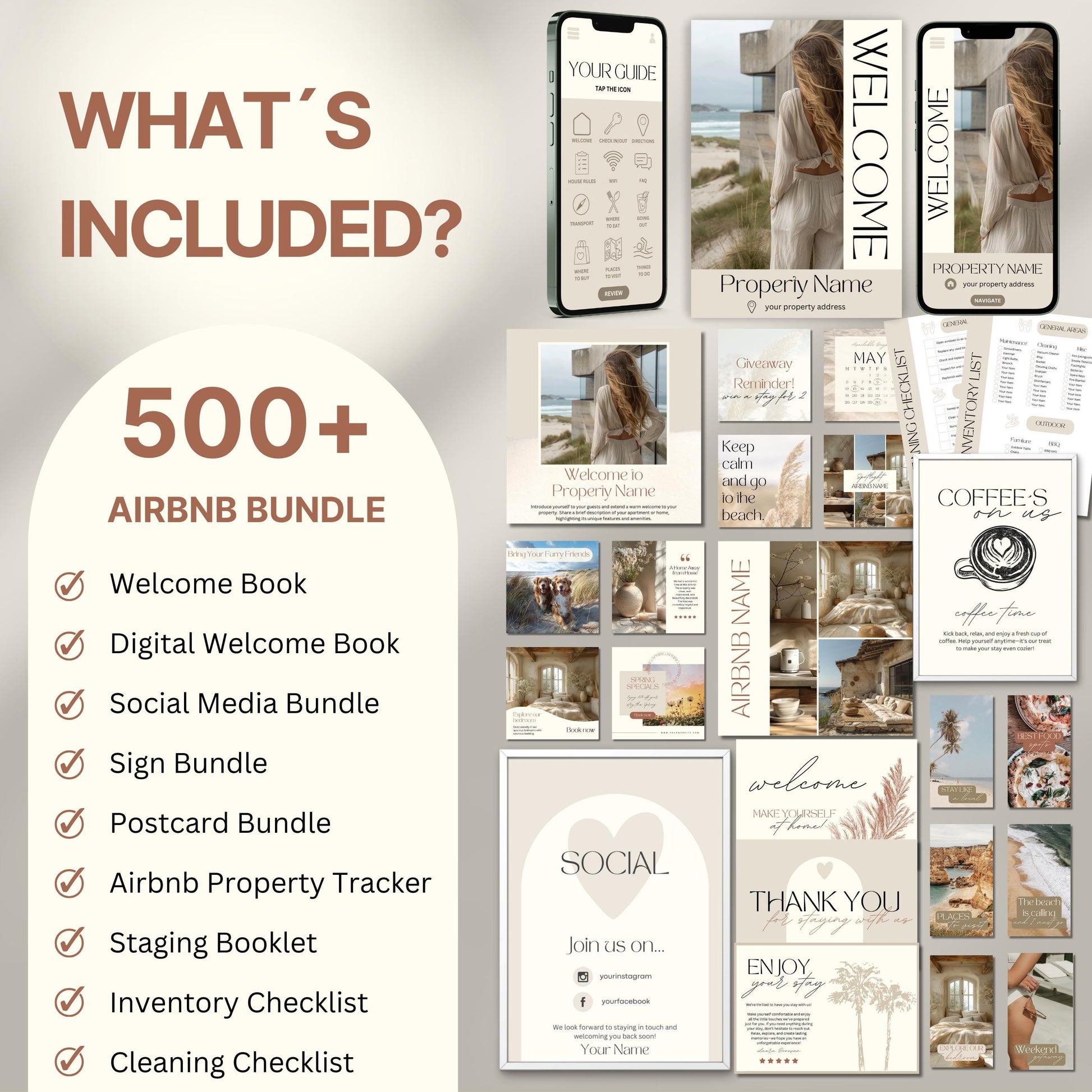 Overview image of a 500+ piece Airbnb Host Bundle in a soft theme, showcasing digital and printed welcome books, social media templates, property signs, postcards, checklists, and guest guides designed for Airbnb hosts to enhance guest experience and streamline hosting.