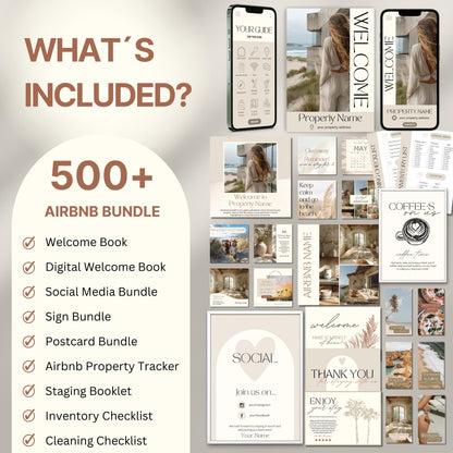 Overview image of a 500+ piece Airbnb Host Bundle in a soft theme, showcasing digital and printed welcome books, social media templates, property signs, postcards, checklists, and guest guides designed for Airbnb hosts to enhance guest experience and streamline hosting.
