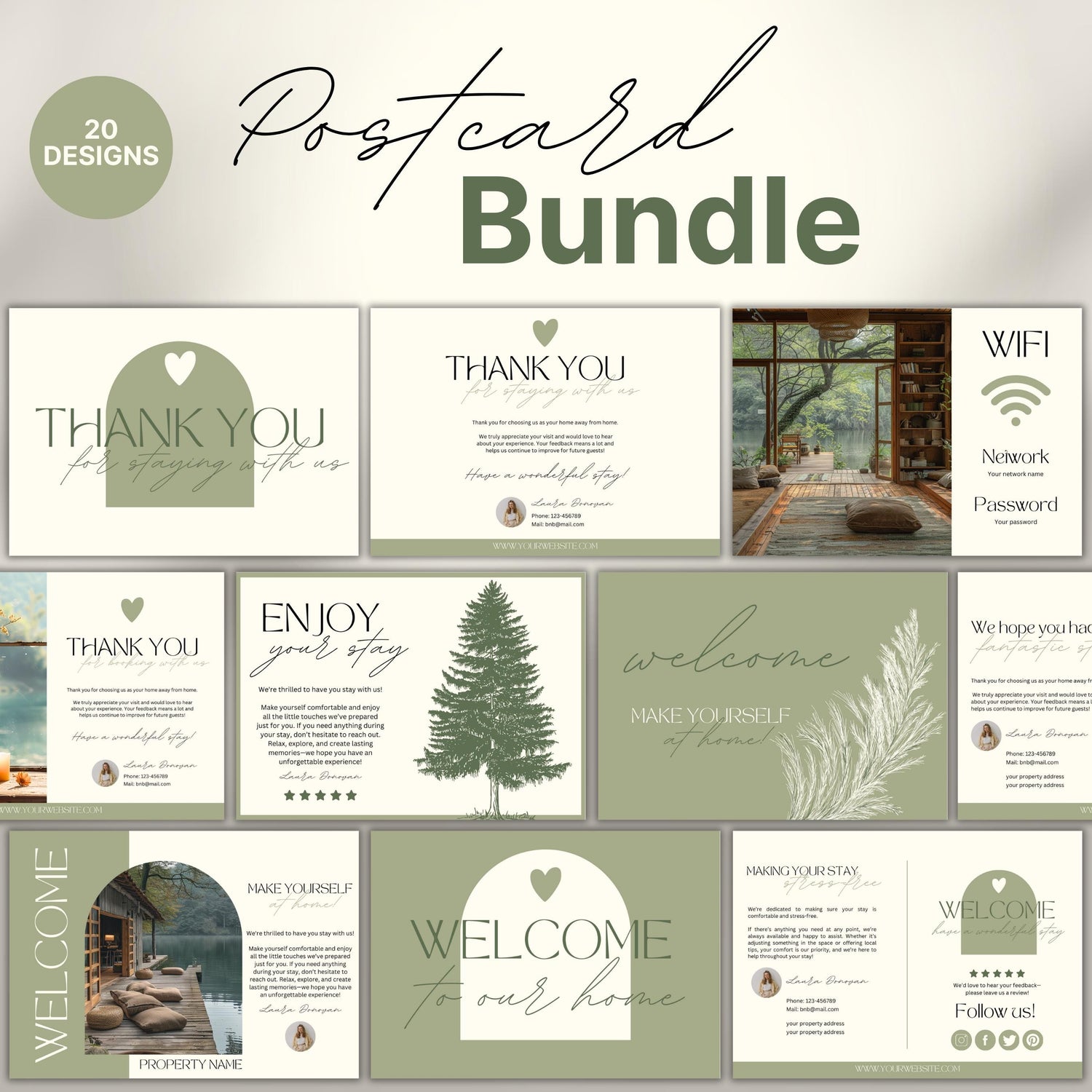 Collection of 20 neutral-toned Airbnb cards, including welcome, thank you, and WiFi cards, featuring modern typography, soft illustrations, and customizable layouts for short-term rental hosts.