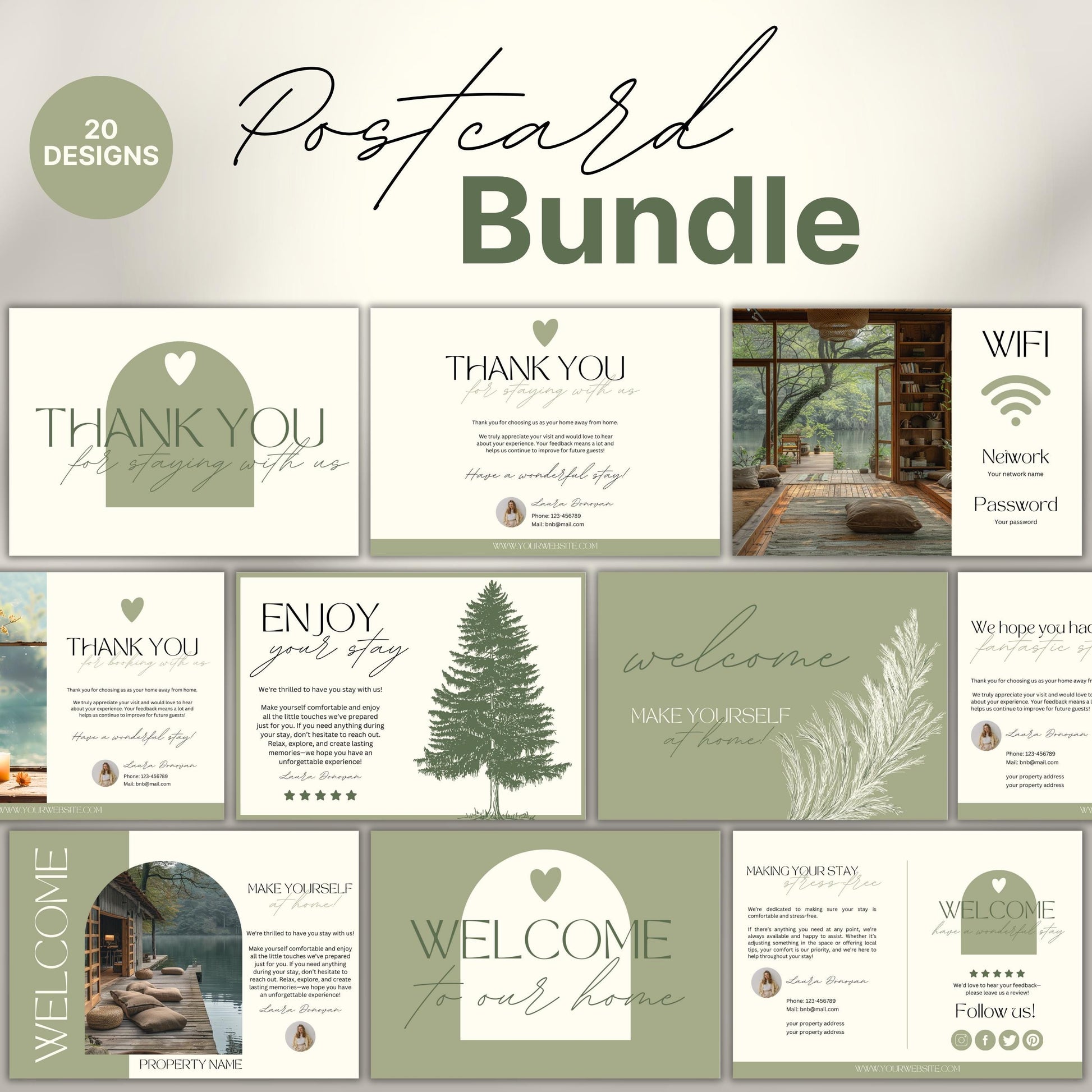 Collection of 20 neutral-toned Airbnb cards, including welcome, thank you, and WiFi cards, featuring modern typography, soft illustrations, and customizable layouts for short-term rental hosts.