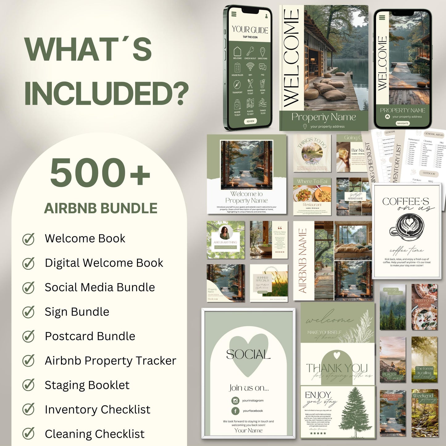 Overview image of a 500+ piece Airbnb Host Bundle in a soft theme, showcasing digital and printed welcome books, social media templates, property signs, postcards, checklists, and guest guides designed for Airbnb hosts to enhance guest experience and streamline hosting.