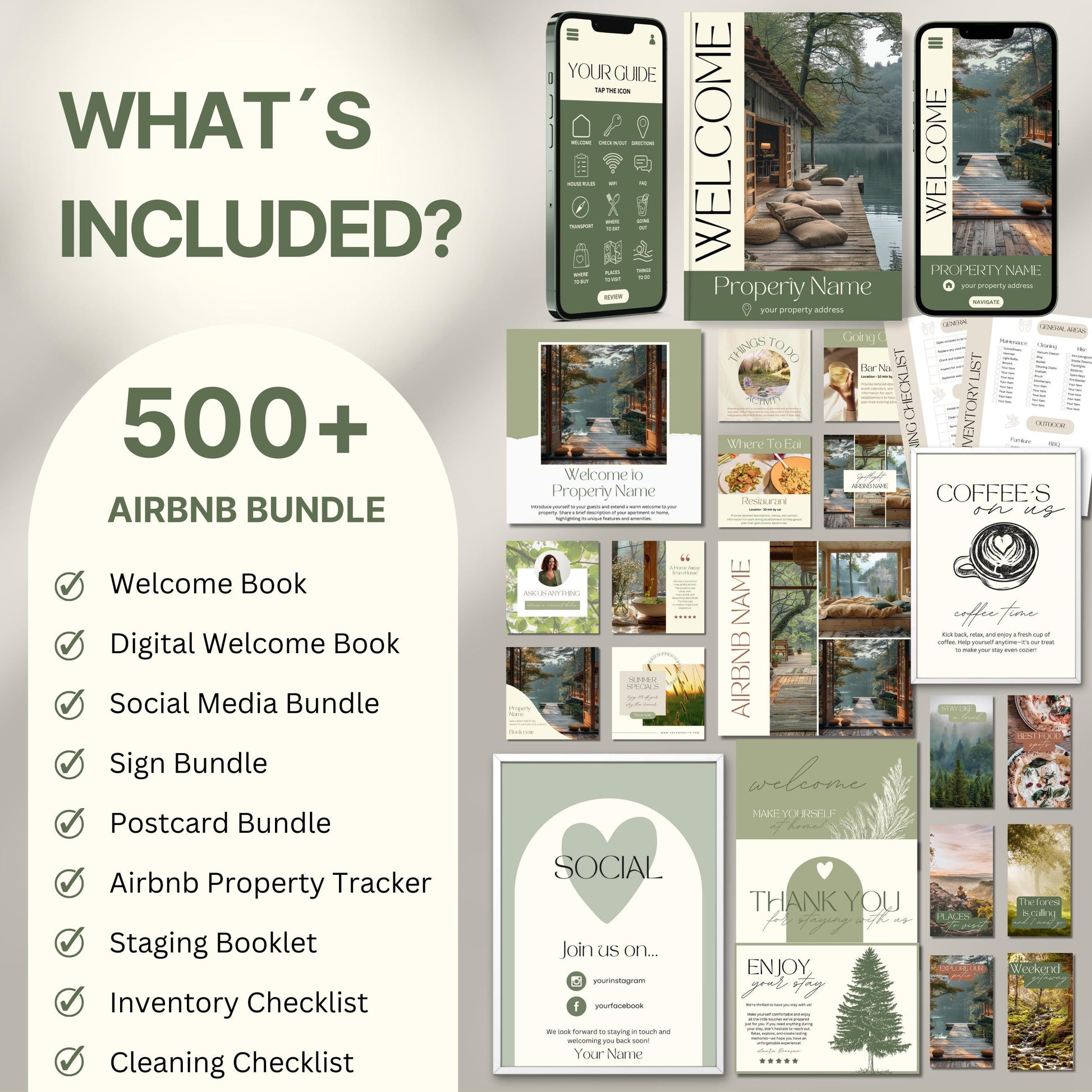 Overview image of a 500+ piece Airbnb Host Bundle in a soft theme, showcasing digital and printed welcome books, social media templates, property signs, postcards, checklists, and guest guides designed for Airbnb hosts to enhance guest experience and streamline hosting.
