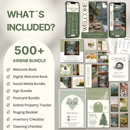 Overview image of a 500+ piece Airbnb Host Bundle in a soft theme, showcasing digital and printed welcome books, social media templates, property signs, postcards, checklists, and guest guides designed for Airbnb hosts to enhance guest experience and streamline hosting.