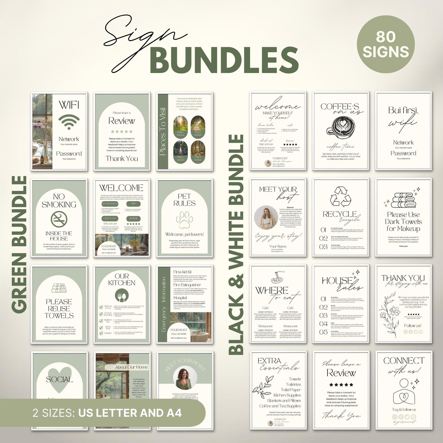 Overview of a airbnb host bundle showing airbnb signs in us letter and a4.
