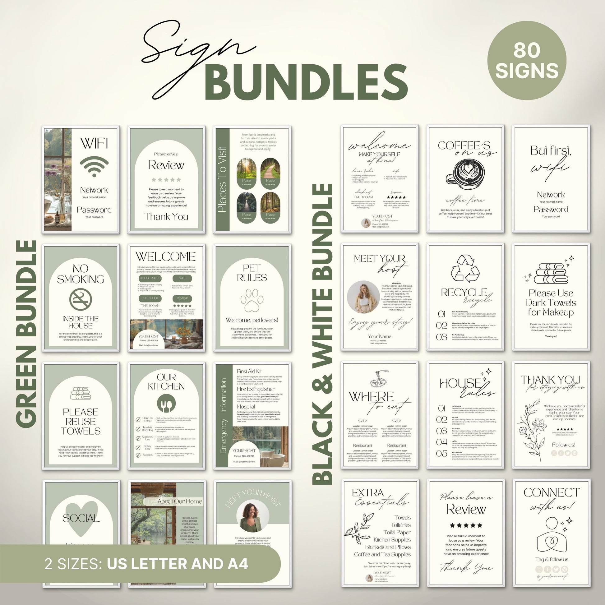 Overview of a airbnb host bundle showing airbnb signs in us letter and a4.