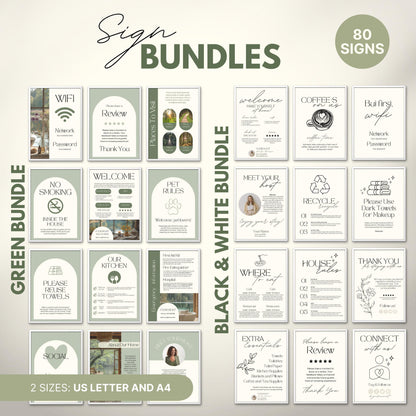 Overview of a airbnb host bundle showing airbnb signs in us letter and a4.