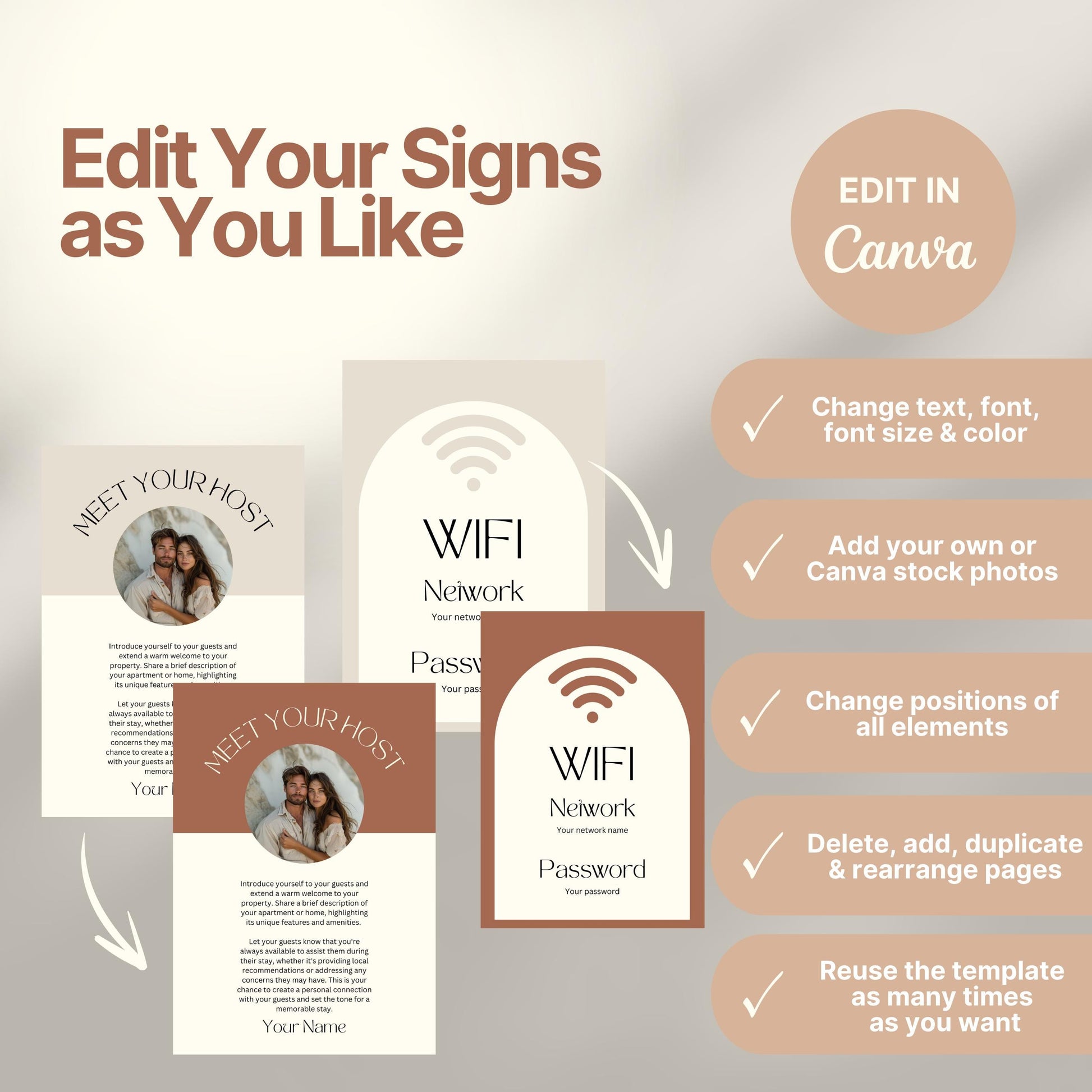 Instructional graphic showcasing editable Airbnb sign templates in Canva.  A checklist on the right reinforces these features alongside a “Edit in Canva” badge. The overall design is clean, modern, and user-friendly.