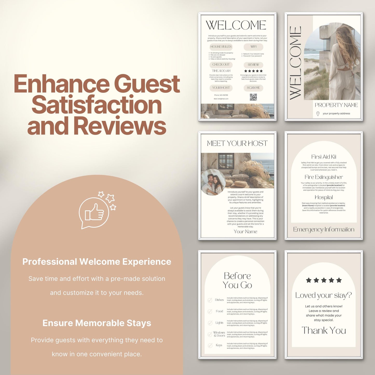 Promotional image titled "Enhance Guest Satisfaction and Reviews," featuring six professionally designed Airbnb welcome signs.
