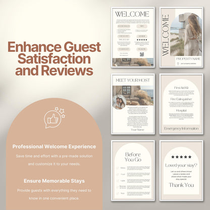 Promotional image titled "Enhance Guest Satisfaction and Reviews," featuring six professionally designed Airbnb welcome signs.