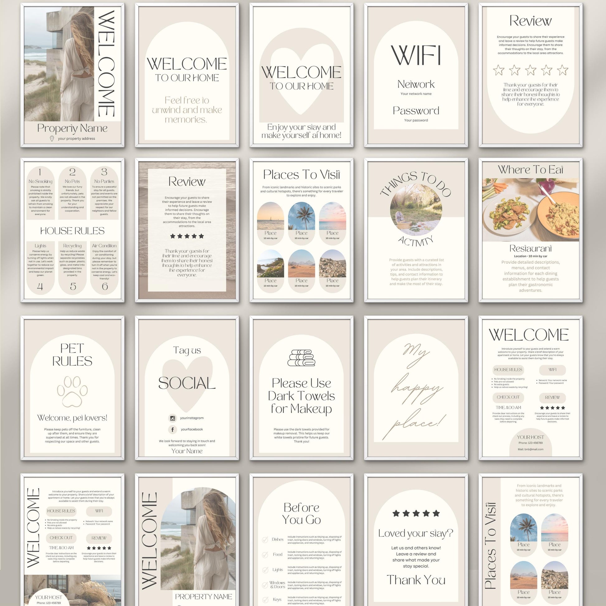 A neatly arranged collage of 20 minimalist Airbnb welcome signs. The overall aesthetic is clean, professional, and inviting—ideal for vacation rental hosts aiming to provide a warm, well-organized welcome.
