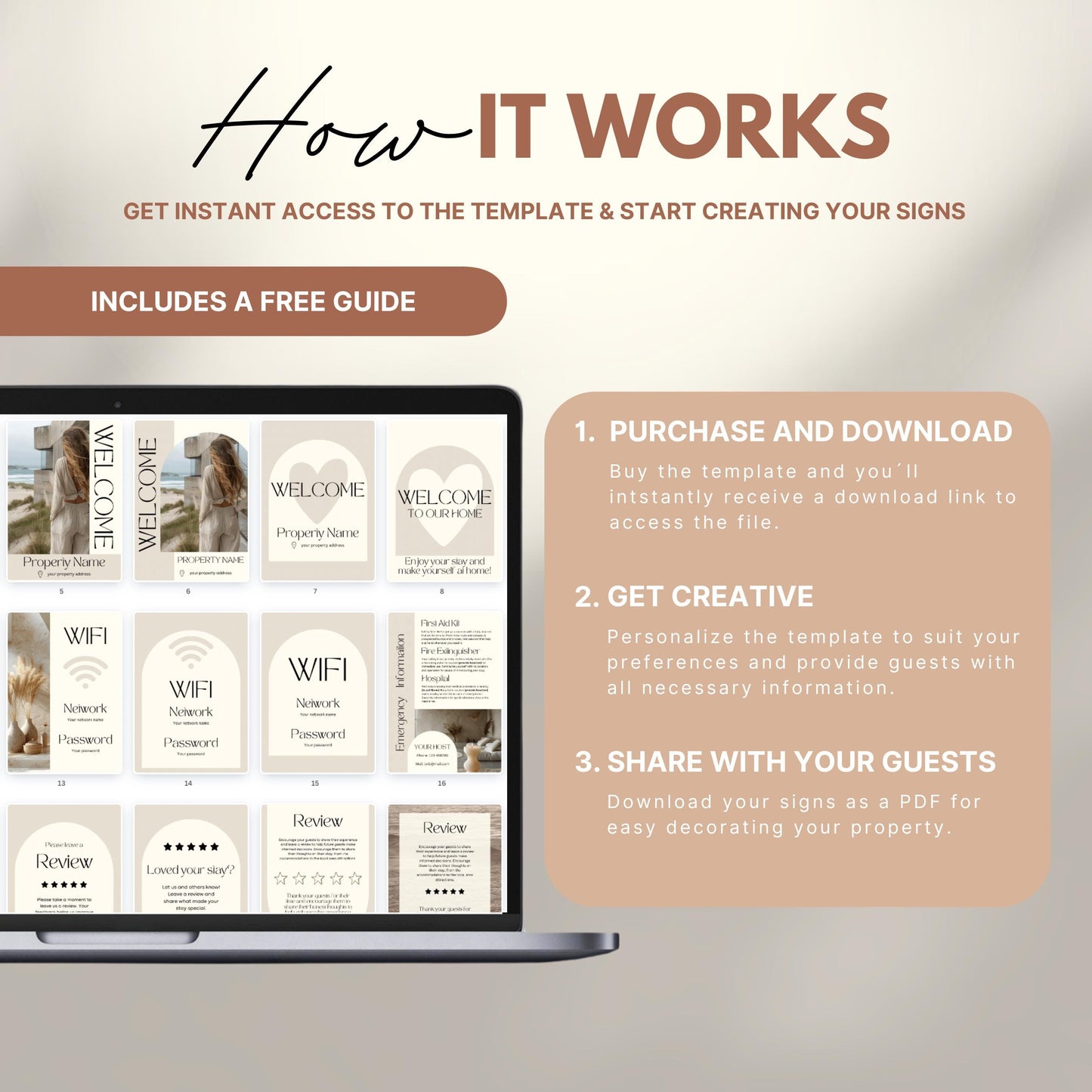 An instructional graphic titled “How It Works” guides users through the process of using customizable Airbnb sign templates. The layout includes a laptop screen displaying sample welcome signs in neutral tones, such as WiFi details, house rules, and guest reviews. To the right, three steps are listed: 1) Purchase and download the template; 2) Get creative by personalizing it with guest info; 3) Share with your guests by printing or saving as a PDF.