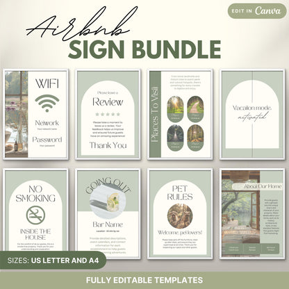 Airbnb Sign Bundle preview featuring 8 professionally designed printable signs. The signs are labeled as fully editable in Canva and are available in US Letter and A4 sizes, ideal for Airbnb hosts looking to provide stylish and informative guest communication.