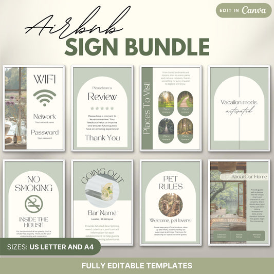 Airbnb Sign Bundle preview featuring 8 professionally designed printable signs. The signs are labeled as fully editable in Canva and are available in US Letter and A4 sizes, ideal for Airbnb hosts looking to provide stylish and informative guest communication.