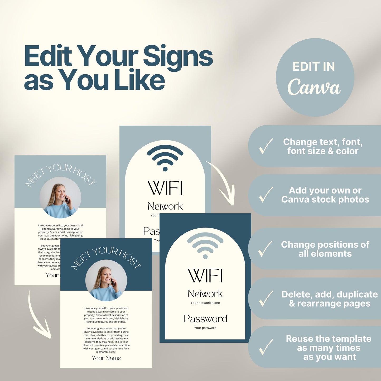 Instructional graphic showcasing editable Airbnb sign templates in Canva.  A checklist on the right reinforces these features alongside a “Edit in Canva” badge. The overall design is clean, modern, and user-friendly.