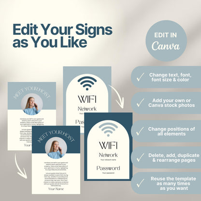 Instructional graphic showcasing editable Airbnb sign templates in Canva.  A checklist on the right reinforces these features alongside a “Edit in Canva” badge. The overall design is clean, modern, and user-friendly.