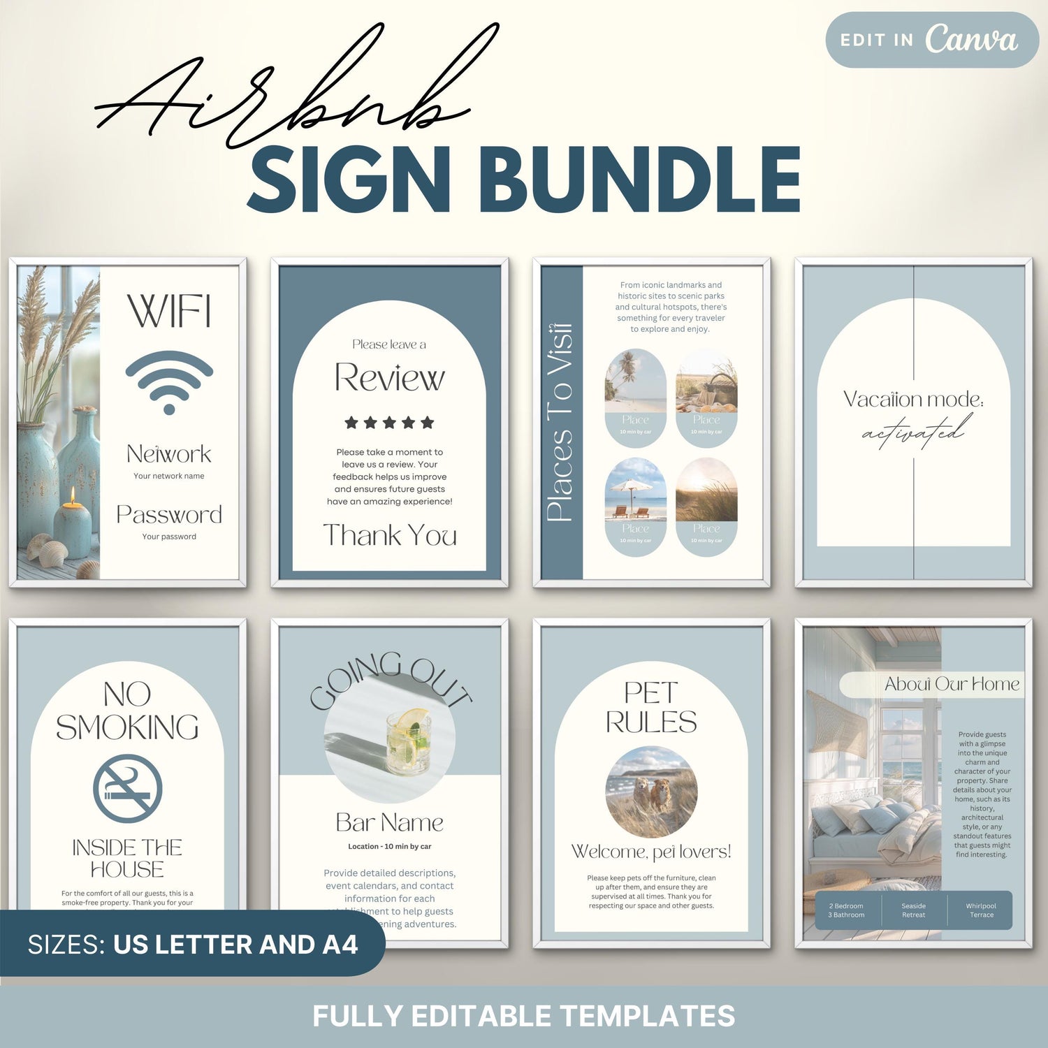 Airbnb Sign Bundle preview featuring 8 professionally designed printable signs. The signs are labeled as fully editable in Canva and are available in US Letter and A4 sizes, ideal for Airbnb hosts looking to provide stylish and informative guest communication.