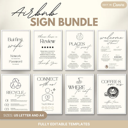 Airbnb Sign Bundle preview featuring 8 professionally designed printable signs. The signs are labeled as fully editable in Canva and are available in US Letter and A4 sizes, ideal for Airbnb hosts looking to provide stylish and informative guest communication.
