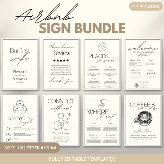 Airbnb Sign Bundle preview featuring 8 professionally designed printable signs. The signs are labeled as fully editable in Canva and are available in US Letter and A4 sizes, ideal for Airbnb hosts looking to provide stylish and informative guest communication.