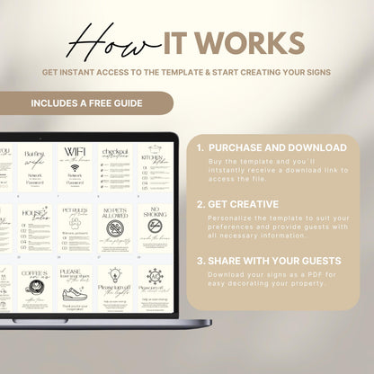 An instructional graphic titled “How It Works” guides users through the process of using customizable Airbnb sign templates. The layout includes a laptop screen displaying sample welcome signs in neutral tones, such as WiFi details, house rules, and guest reviews. To the right, three steps are listed: 1) Purchase and download the template; 2) Get creative by personalizing it with guest info; 3) Share with your guests by printing or saving as a PDF.