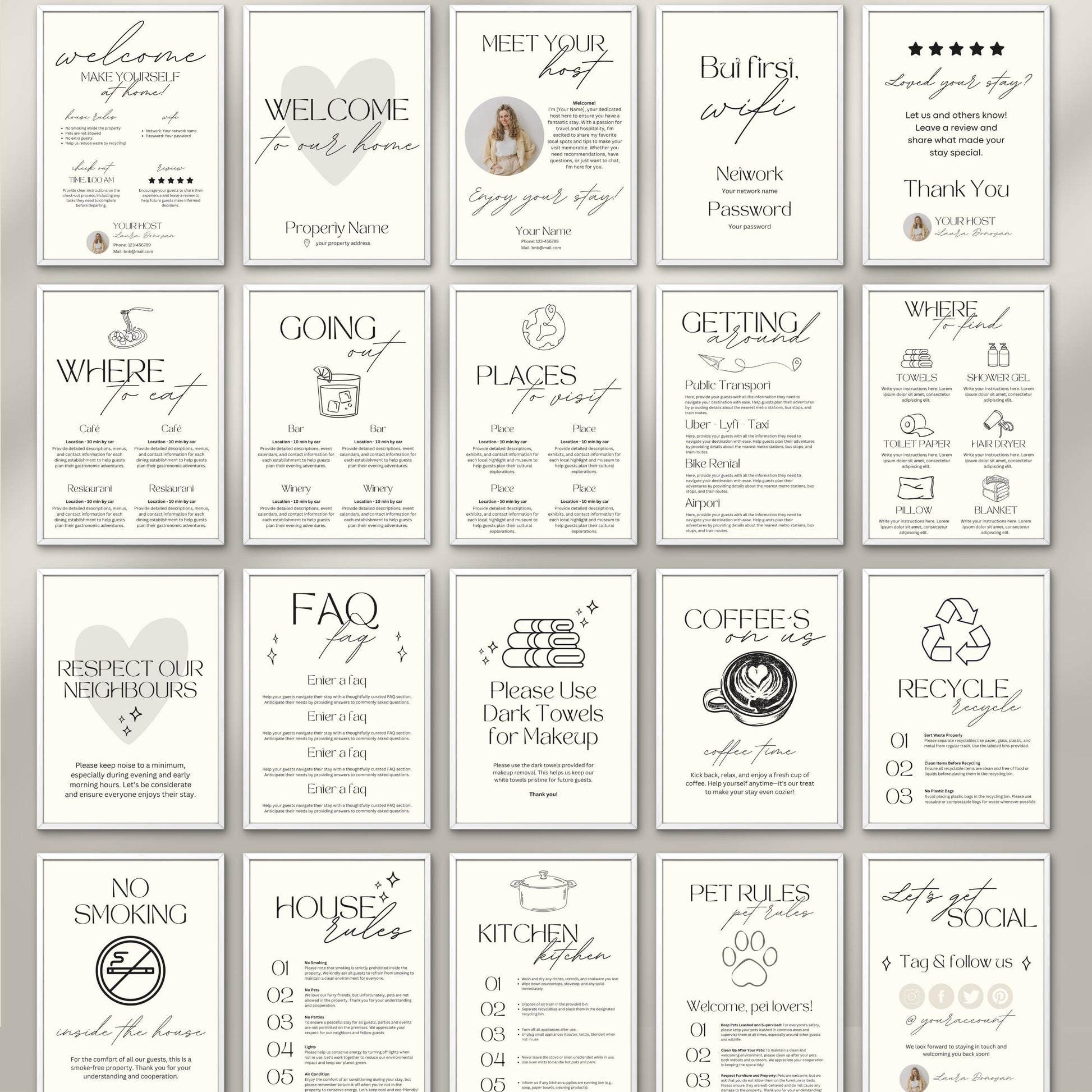 A neatly arranged collage of 20 minimalist Airbnb welcome signs. The overall aesthetic is clean, professional, and inviting—ideal for vacation rental hosts aiming to provide a warm, well-organized welcome.