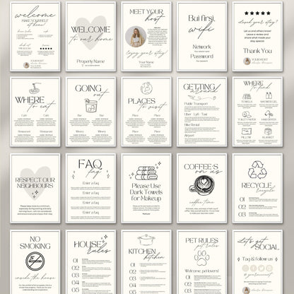 A neatly arranged collage of 20 minimalist Airbnb welcome signs. The overall aesthetic is clean, professional, and inviting—ideal for vacation rental hosts aiming to provide a warm, well-organized welcome.