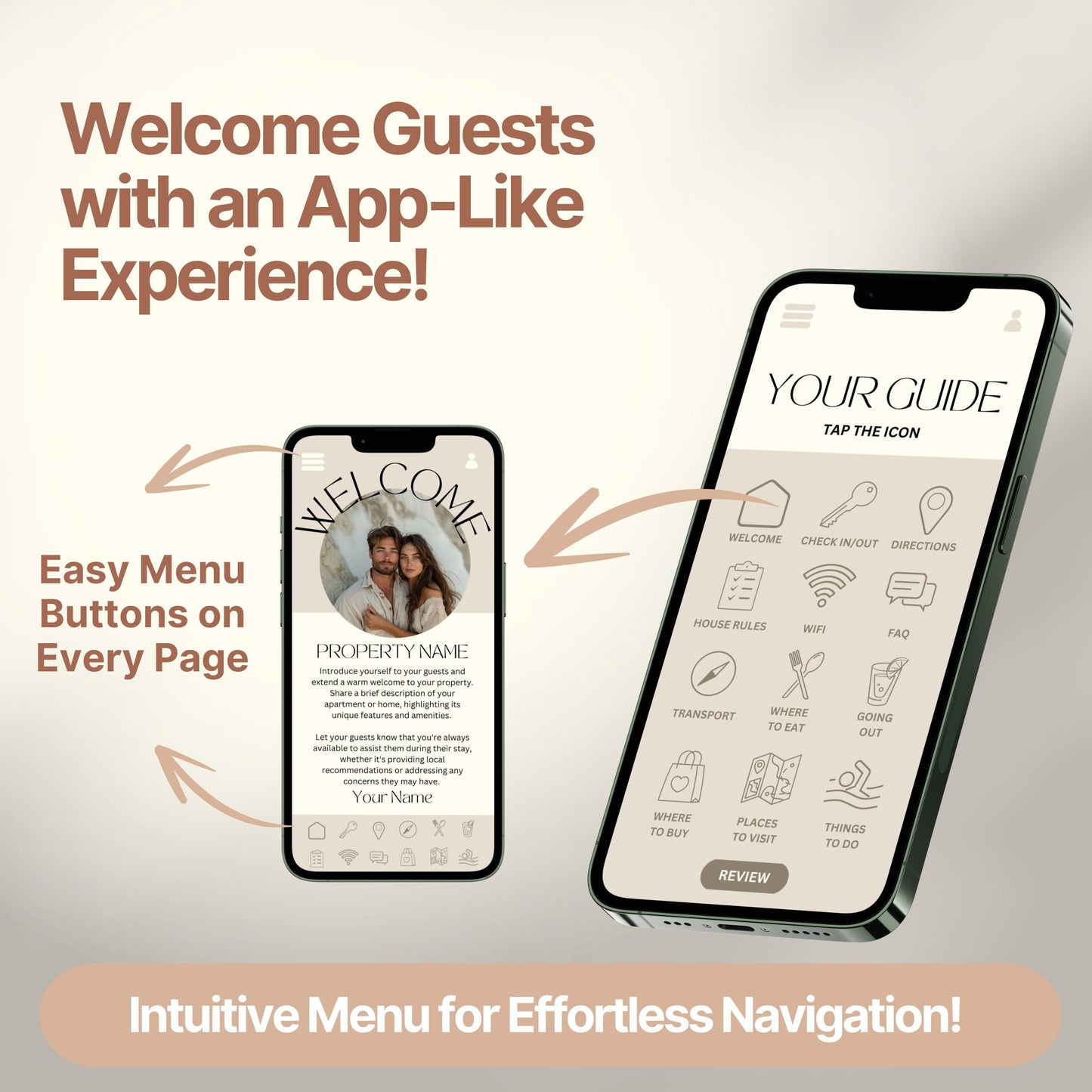 Promotional graphic showing a digital Airbnb welcome guide designed to mimic a mobile app. 