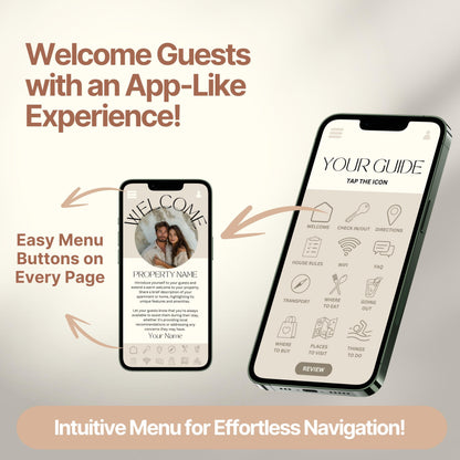 Promotional graphic showing a digital Airbnb welcome guide designed to mimic a mobile app. 