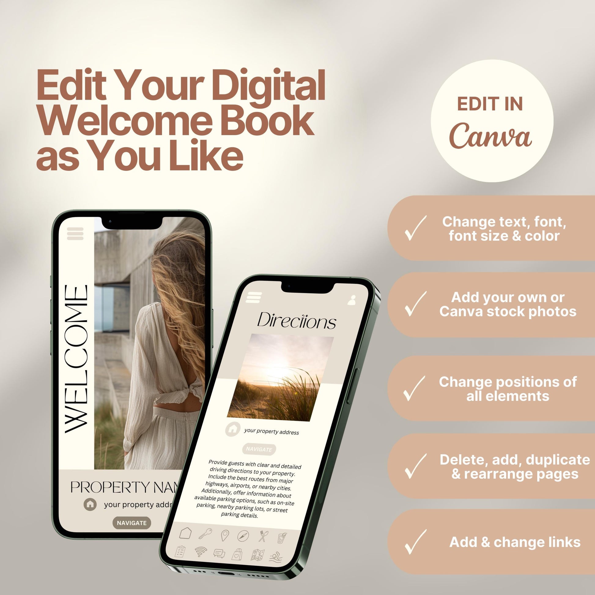 Editable Airbnb host welcome guide template, featuring welcome messages, house description, and host introduction. Includes checklist of customizable elements such as text, photos, layout, and links, all editable in Canva.