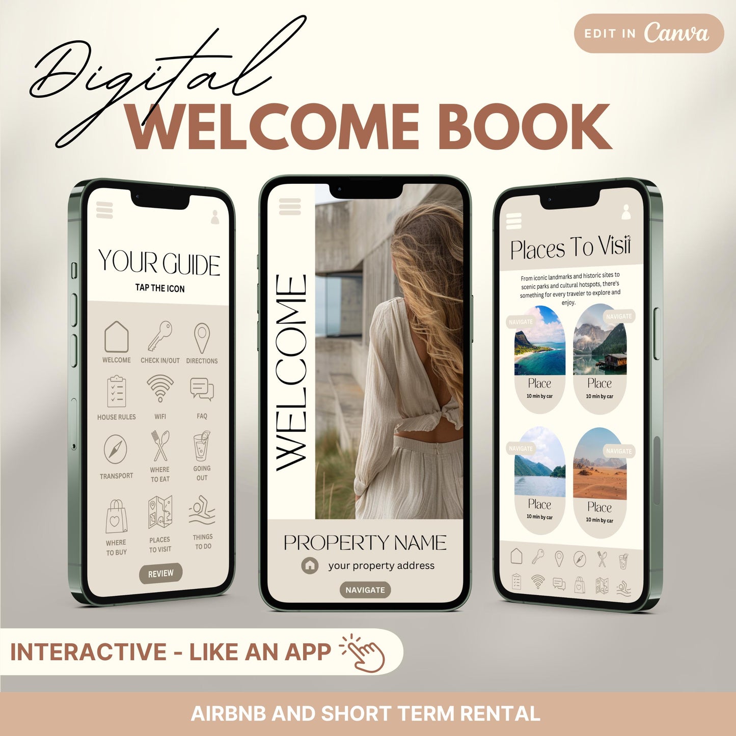 A promotional image for a digital Airbnb Welcome Book template, designed to look and function like an app.