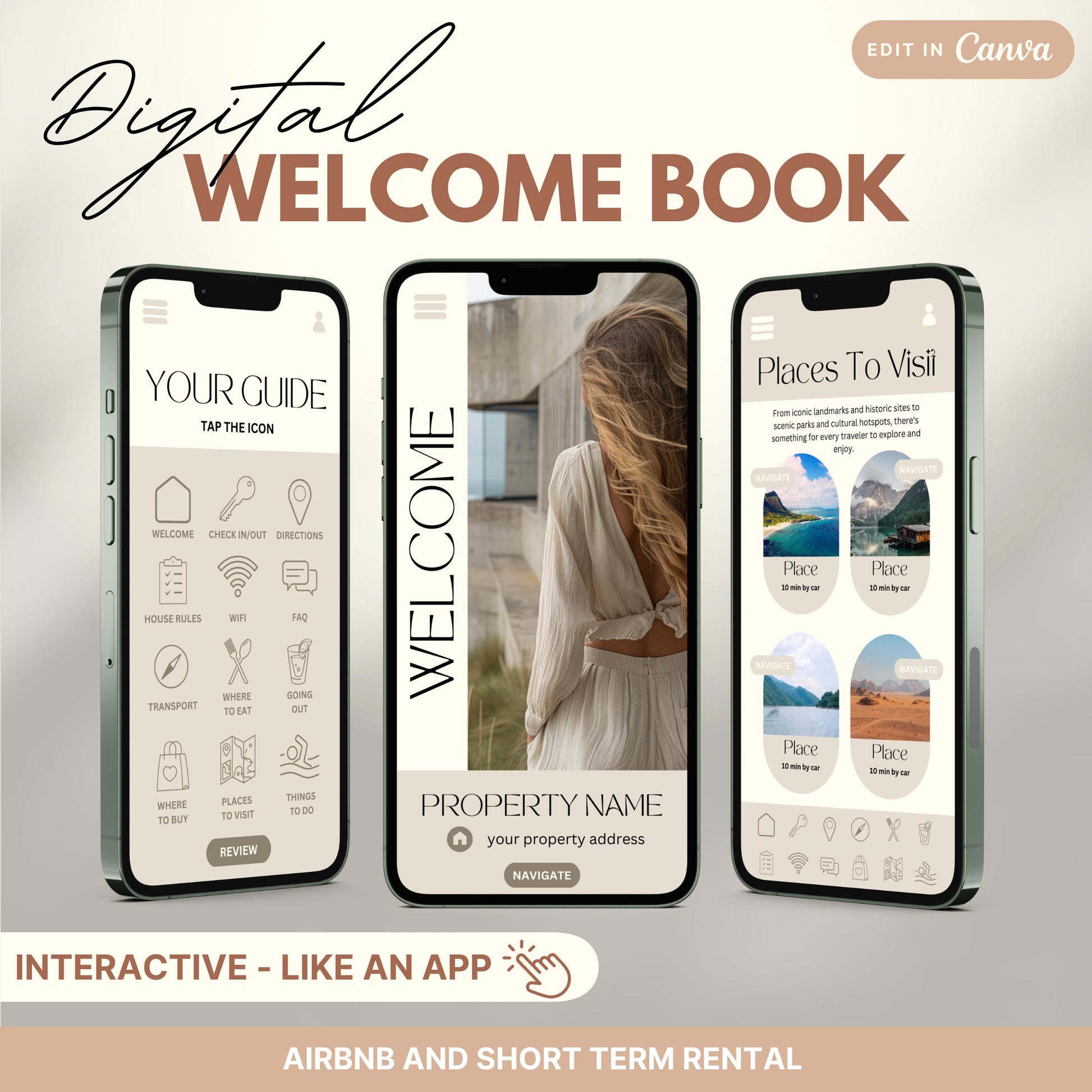 A promotional image for a digital Airbnb Welcome Book template, designed to look and function like an app.